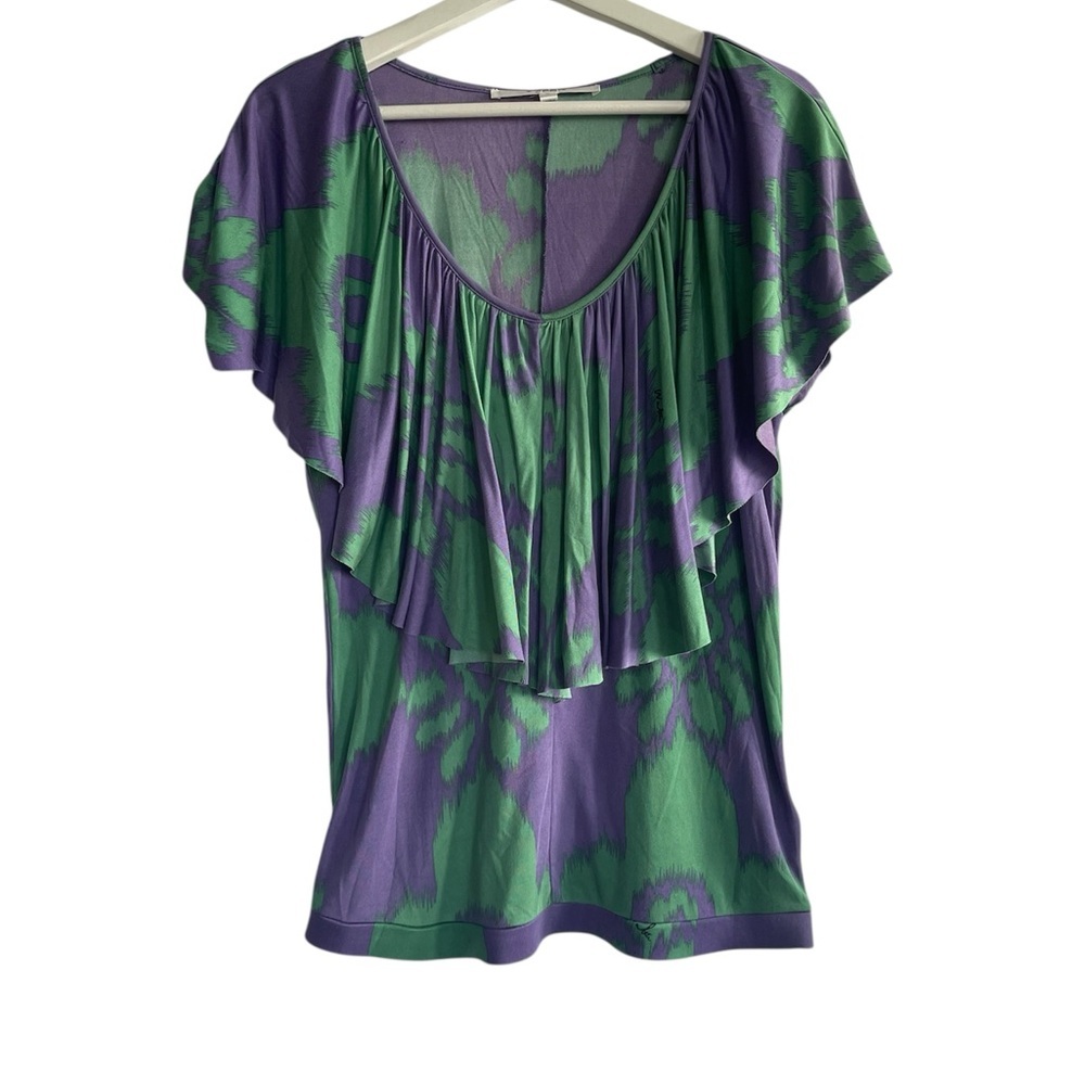 Walter 100% Silk Abstract Flutter Sleeve Top Purple Green Ikat Artsy Boho Size M